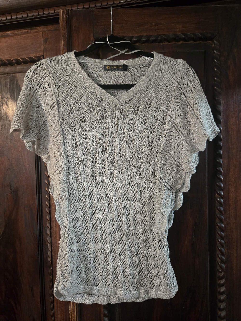 Outbacked Light Gray Open Knit V-Neck Sweater